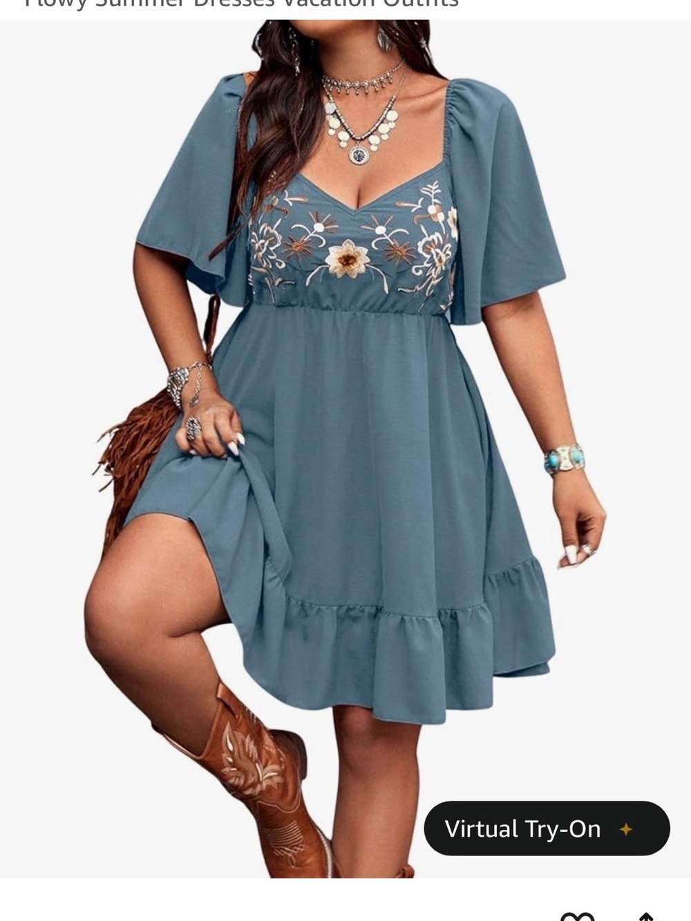 Amazon Blue Embroidered V-Neck Mini Dress